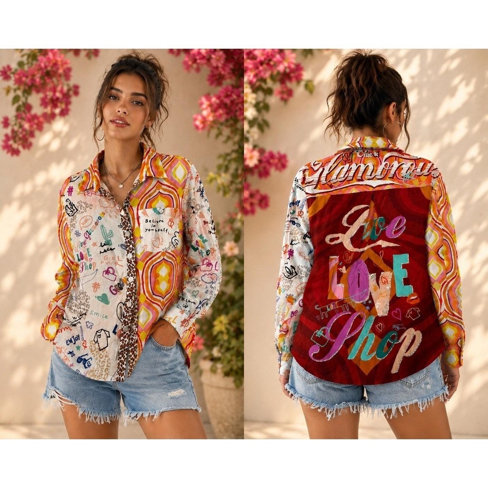 John Mark Shirt Womens Mixed Print Graffiti Psychedelic Button Up Shirt Size PM